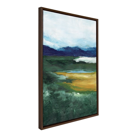 Kate and Laurel Sylvie Misty Green Framed Canvas Wall Art by Nikita Jariwala, 23x33 Brown, Soft Painted Mountain Landscape Art for Wall