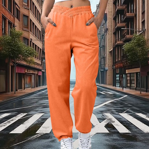 YTCAMLO Womens Baggy Sweatpants Athletic Comfy Lounge Pants Crossover Waisted Sweat Pants with Pockets Cute Y2K Elastic Joggers, Orange S