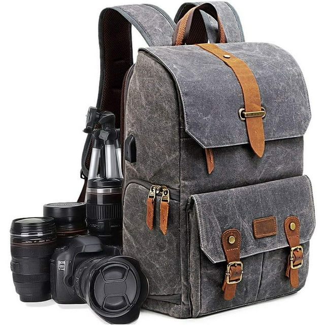 Sac à Dos Appareil Photo Élégant, Toile Cirée Imperméable & Cuir de Cheval Fou Véritable pour le Photographe Moderne