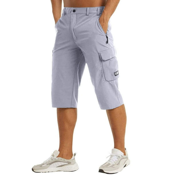 Pantalones cortos ligeros 7/8 para caminar para hombre - Pantalones de pesca de secado rápido con bolsillo para cinturón