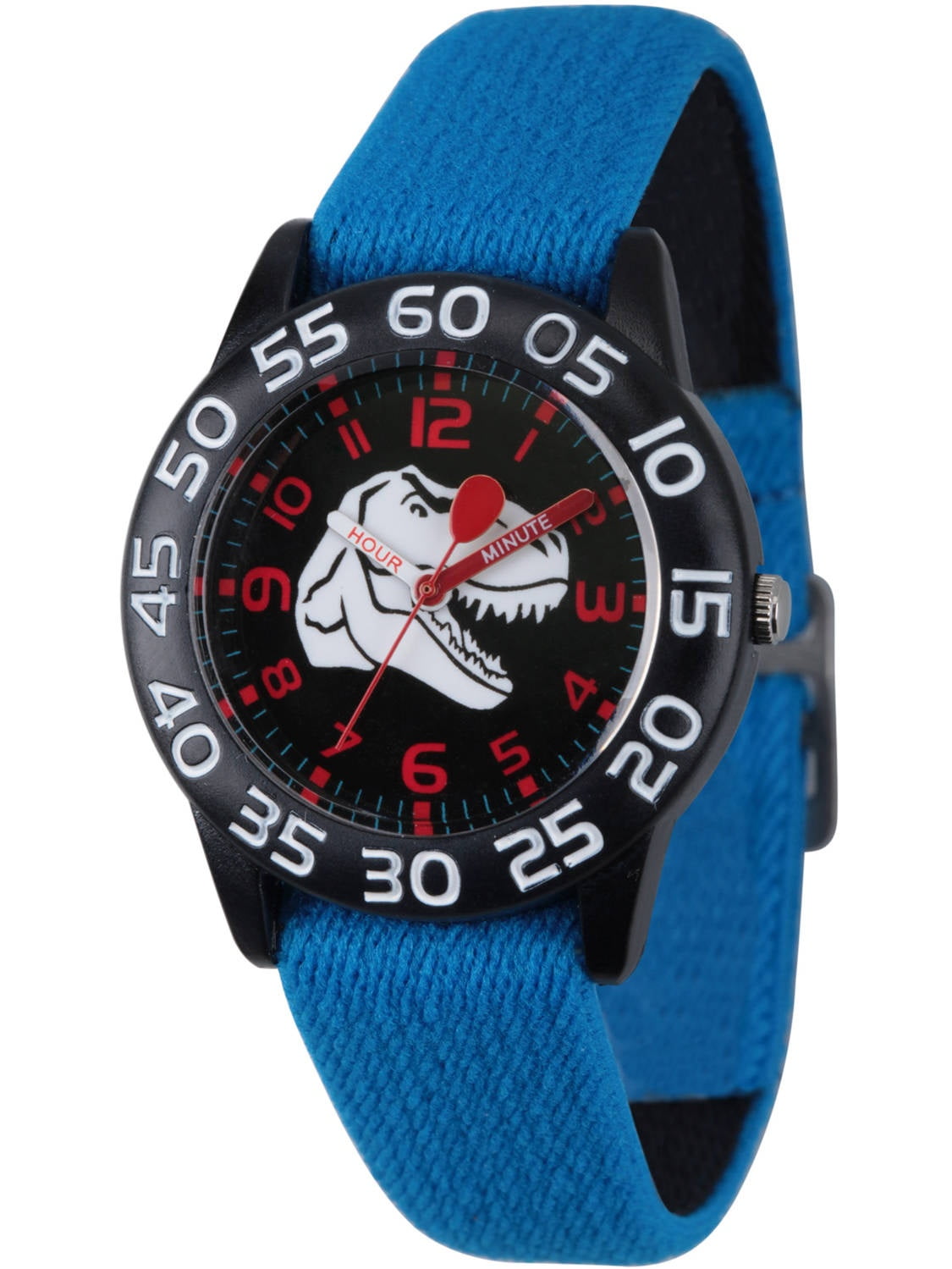 Dinosaur Boys' Black Plastic Time Teacher Watch, Reversible Blue and Black Elastic Nylon Strap