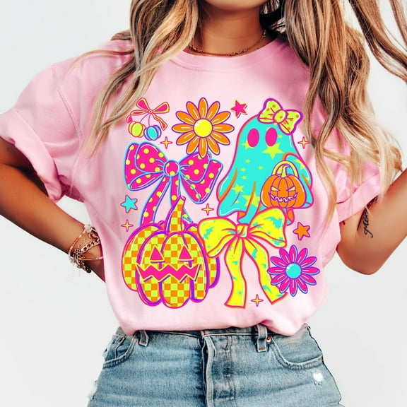 Neon Halloween Ghost T-Shirt, Cute Coquette Boo Tee, Floral Spooky Season Shirt, Preppy Pumpkin with Bow Graphic Tee, Checkered Halloween Shirt