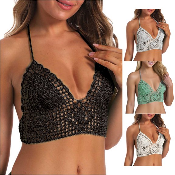 XINXIAOO Women's Crochet Bikini Top V-Neck Lace Up Spaghetti Strap Hollow Out High Waist Summer Beach Swimwear Separate