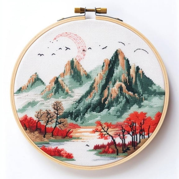 Counted Easy Cross Stitch Kits Rivers Mountains Color Stamped Embroidery for Starter Kits DIY 11CT Stamped Patterns Embroidery Needlework Kit Supplies 12 Inch Hoop Included(98-X)