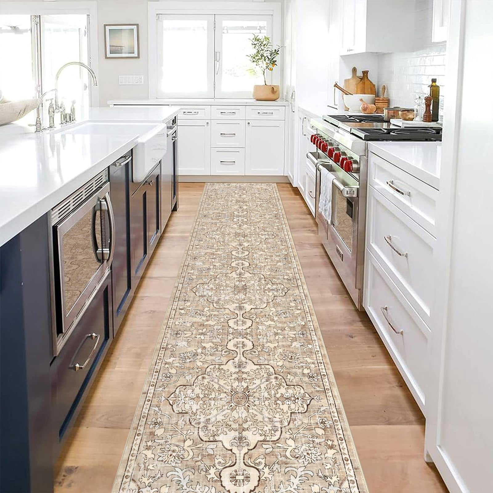 Findosom 2'x10' Vintage Runner Rug 0.4" Distressed Hallway Rug Non Slip Laundry Runner Rug Decor Rug Washable Runner Rug Kitchen Floor Mat Entryway Rug Runner for Laundry Kitchen Entryway,Beige