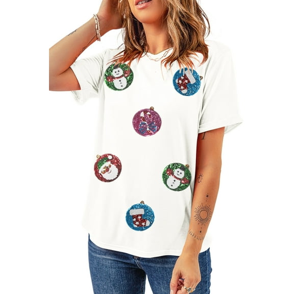 Women's White Sequin Patterned Christmas Light Patch Round Neck Tee | [ZhiHiMeRi] | (US 20-22)2XL