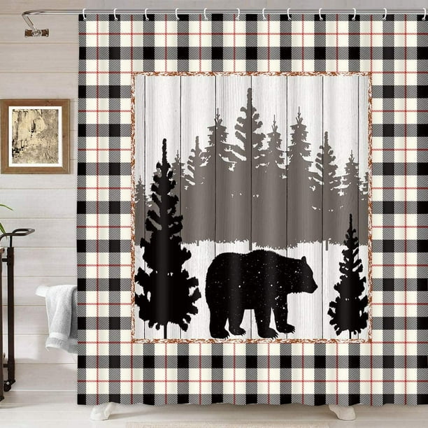 Cabin Bear Shower Curtain, Rustic Cabin Woodland Wildlife Bear Shower Curtain for Bathroom