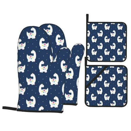 

Oven Mitts and Pot Holders 4 Piece rainbow cute Dinosaur High Heat Slip Resistant Oven Mitt and Trivets Set Kitchen Oven Glove Pot Holders for Cooking Baking Grilling