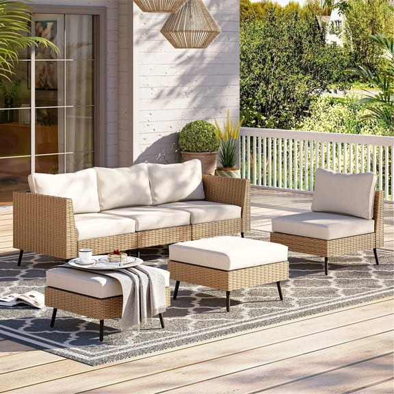 Kamerout 6 Pieces Modern Outdoor Patio Furniture Set, Rattan Sectional Conversation Set with 4 Chairs & 2 Ottomans, Beige Cushions for Backyard