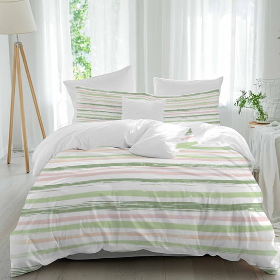 3 Piece Green Pink Stripes Duvet Cover Set Full Size,Microfiber Comforter/Quilt Cover with Corner Ties and 2 Pillowcases,Gradient Geometric Smear Art Paint All Season Soft Bedding with Zipper Closure
