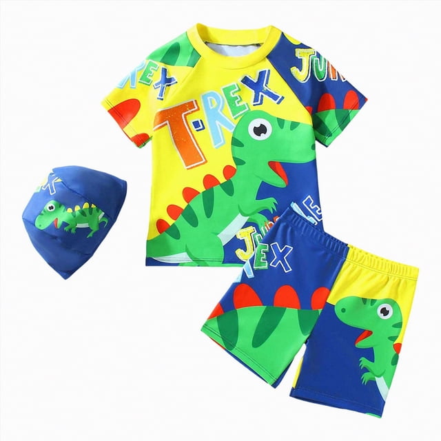 Curenmufel Rashguard Swimsuit Boys Toddler Baby Boys Short Sleeve Swimsuit Trunks Bathing Suit Swimwear with Hat 3Pcs Rash Guard Set 3T 4T (Yellow,3-4 Years)