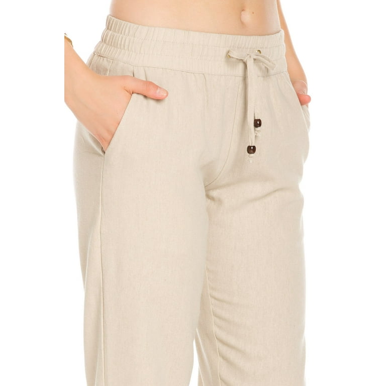 Poplooks Women's Comfy Drawstring Linen Pants Long with Band Waist (Mint)