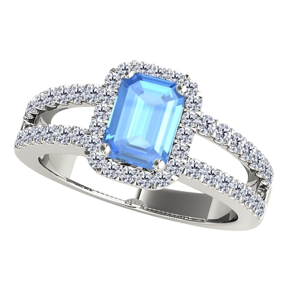 AoneJewelry 2 Carat Gemstone Emerald Cut Natural Blue Topaz and Diamonds 10K Solid White Gold Ring