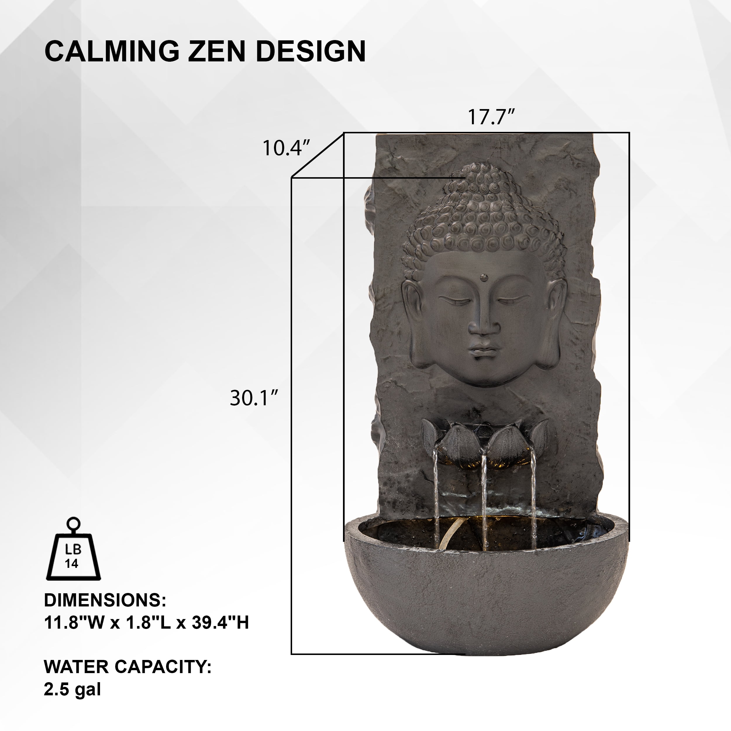 XBrand 30 in H Fiber Resin Wall Buddha Zen Outdoor Garden Water Fountain w/ warm LED Light, Black