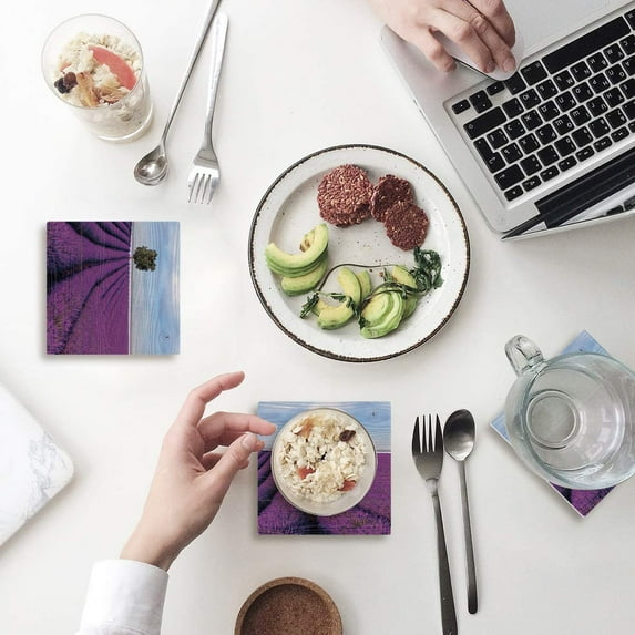 FMSHPON Lavender Field Landscape Set of 8 Coaster for Drinks, Absorbent Ceramic Stone Coasters Cup Mat with Cork Base for Home Kitchen Room Coffee Table Bar Decor