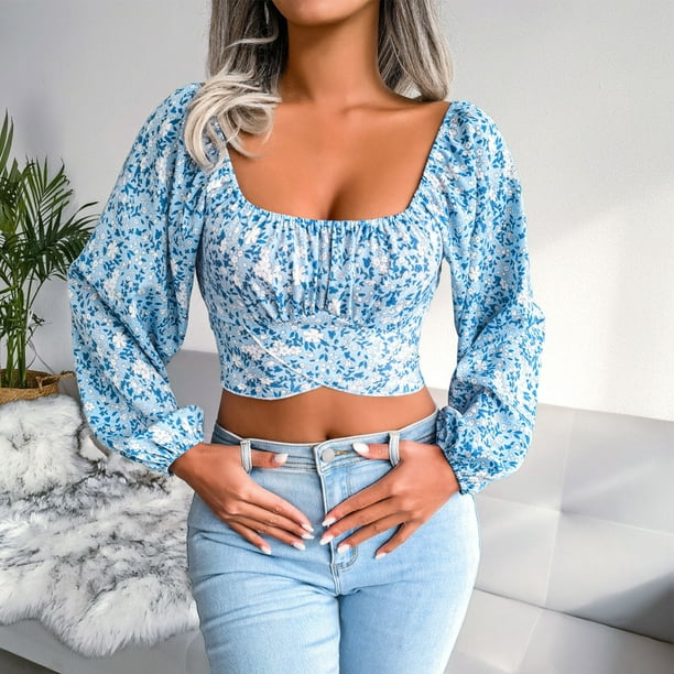 Puff Long Sleeve Top, Floral Print Crop Top Square Neck Polyester