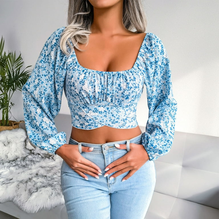 Lantern Sleeve Top Back Tie Up Blouse Floral Print Shirt Neck Crop