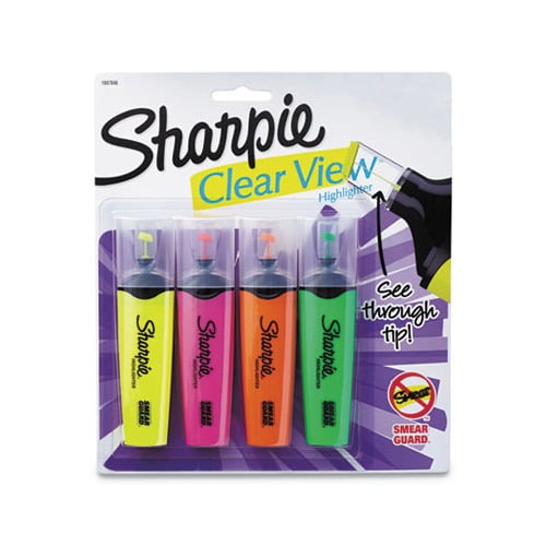 Clearview Tank-Style Highlighter Blade Chisel Tip, Assorted Colors, 4/Set