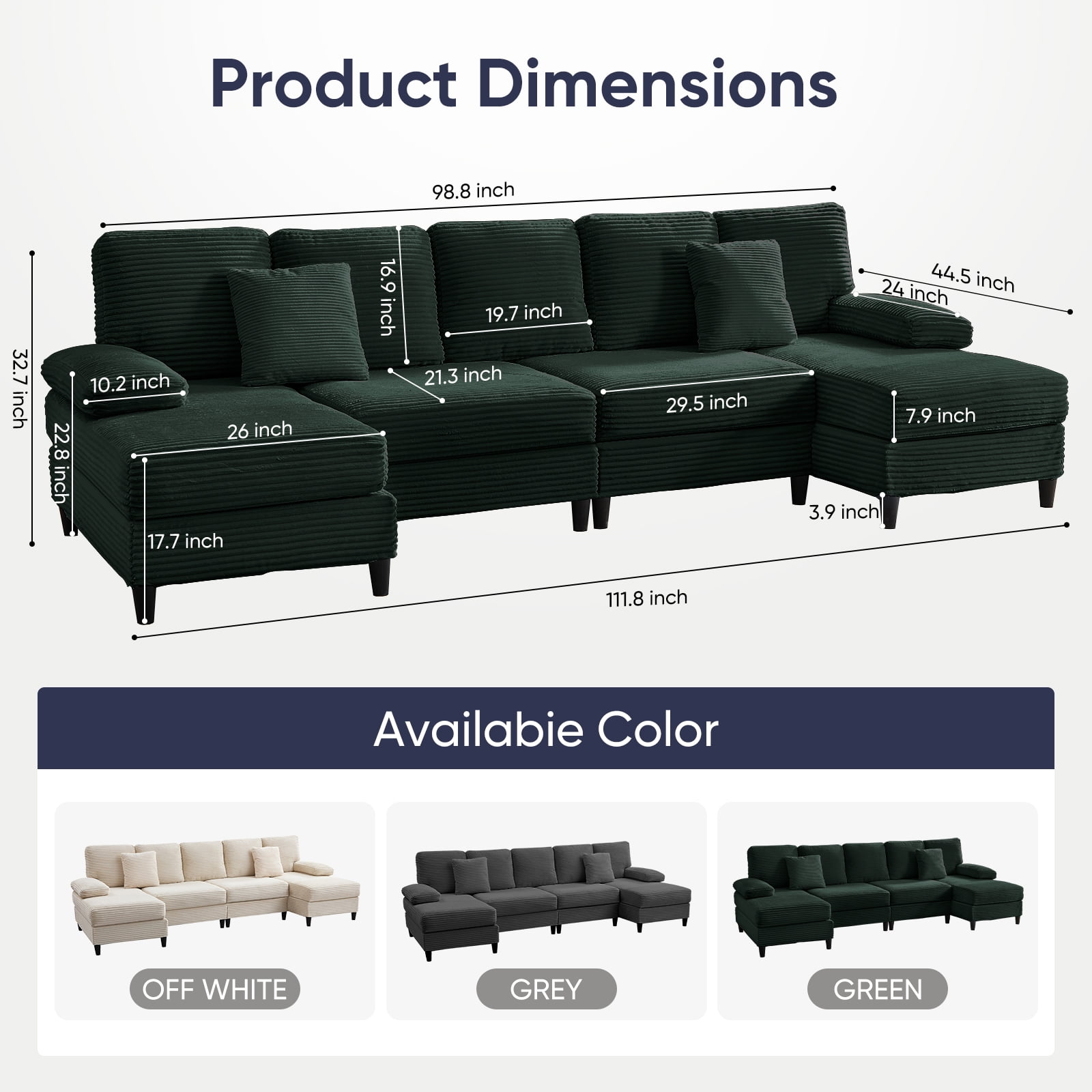 Mjkone U-Shaped Sectional Sofa, 4 Seats Corduroy Couch with Double Chaise for Living Room - Green
