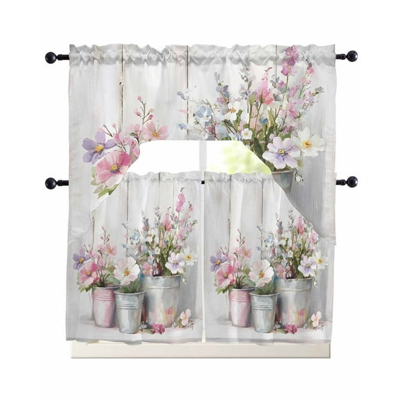 Spring Flowers Kitchen Curtains Swag Valance and Tier Curtains Set 24 Inch Length, Purple Pink Floral Vintage Wooden Plank Rod Pocket Drape Panels Pair Swag Curtain for Bathroom/Cafe/Window
