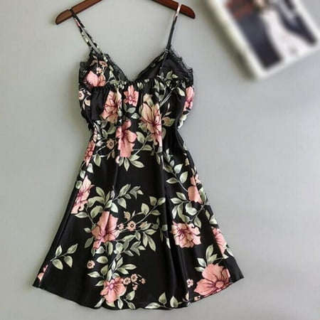 

Satin Deep V Sleepwear Womens Chemise Nightgown Full Slip Lace Lounge Dress With Pad