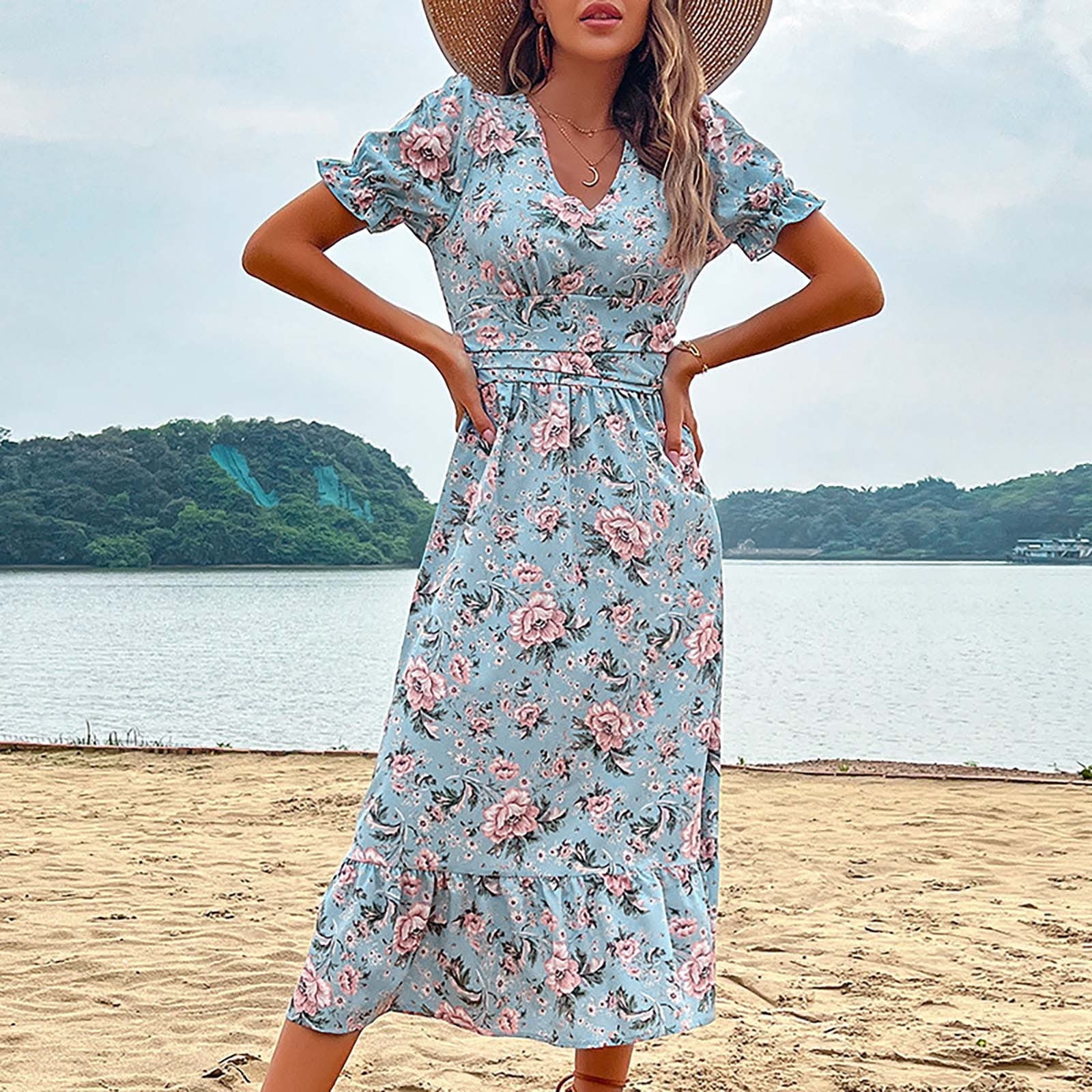 Women V Neck Dress Short Sleeve Tummy Dress Floral Print