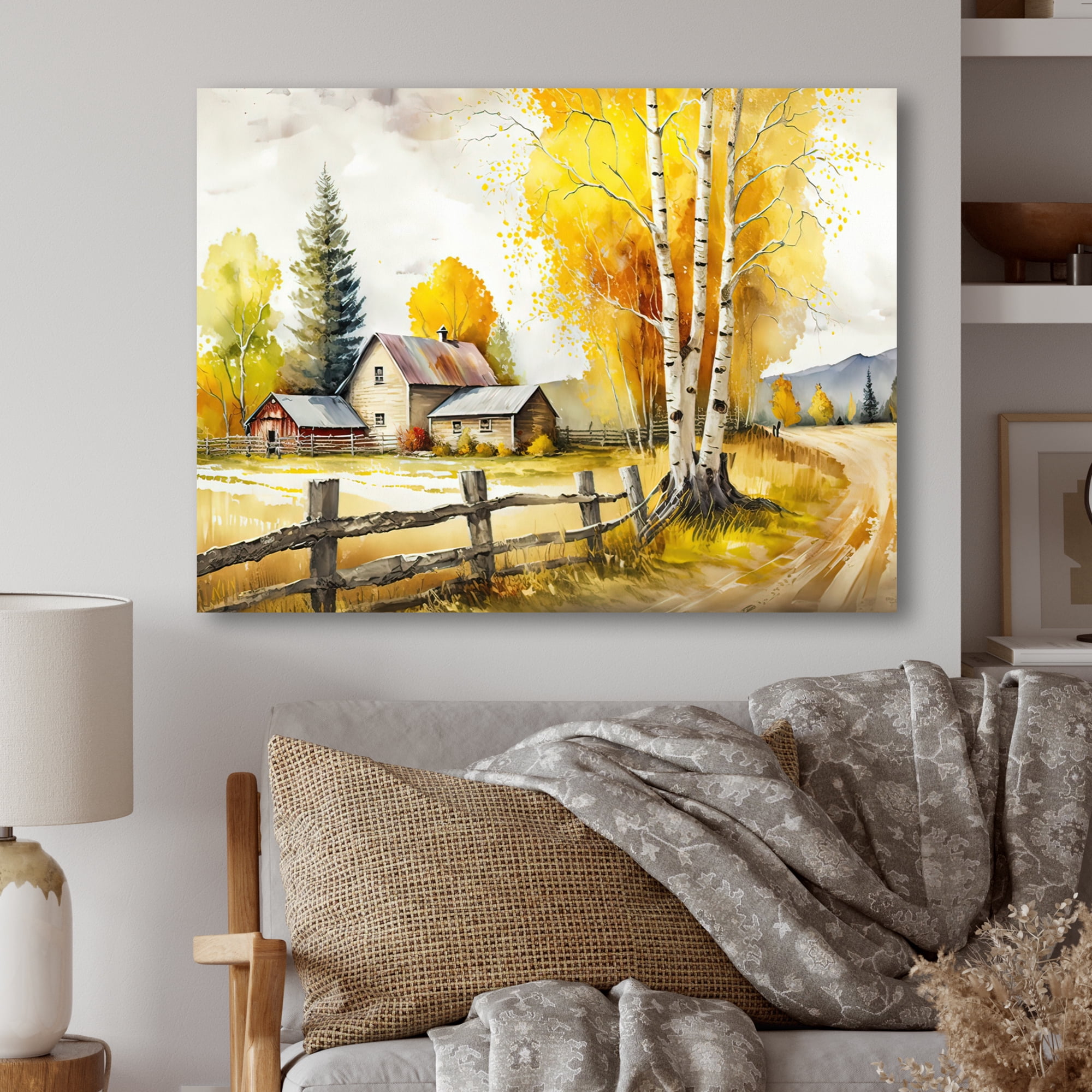 Designart Yellow Barn In Spring II Canvas Wall Art