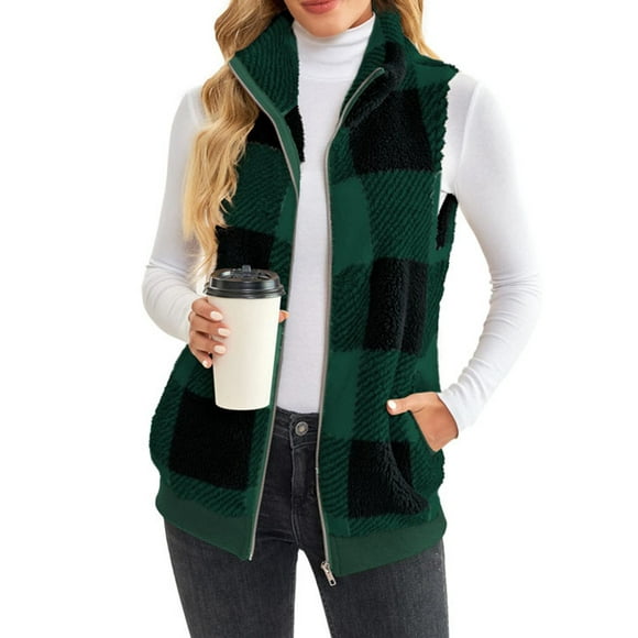 Bellella Ladies Waistcoat Zip Up Sherpa Jacket Plaid Fleece Vest Casual Sleeveless Outerwear Women Fuzzy Vests Navy Blue L
