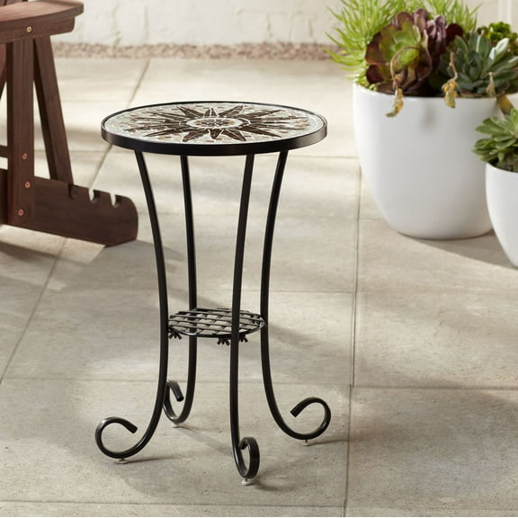 Teal Island Designs Modern Black Round Outdoor Accent Side Table 14" Wide Brown Sunburst Mosaic Tabletop for Front Porch Patio House