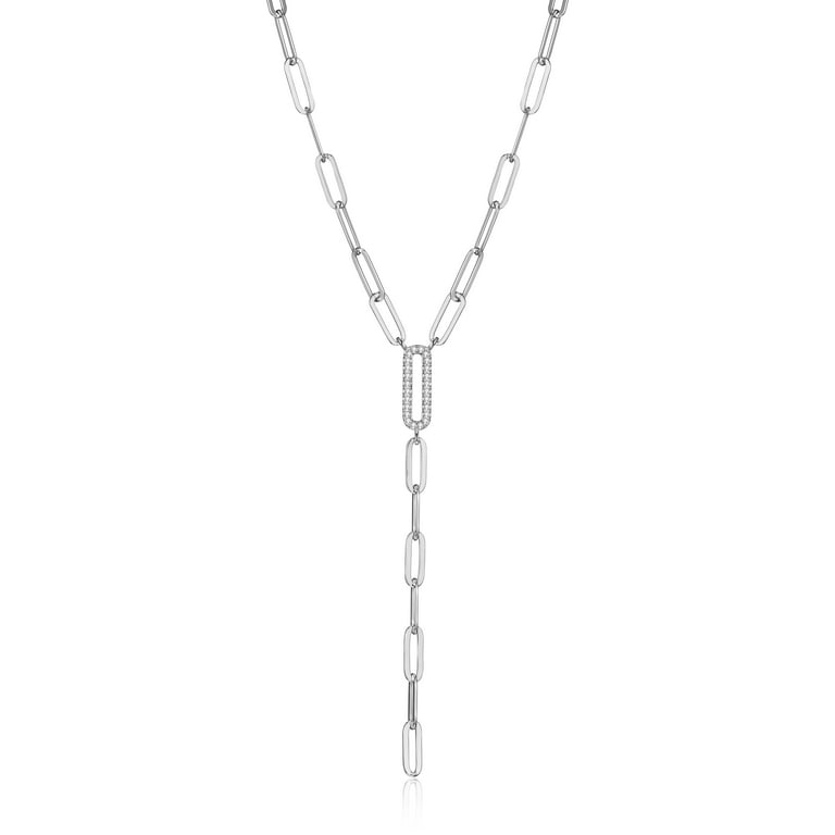 Forever Facets CZ Paperclip Lariat Necklace Hand Set in Sterling