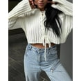 thumbnail image 3 of Women's Spring Crop Tie Front Cardigan Long Sleeve Rib Knit Sweater Top, 3 of 6