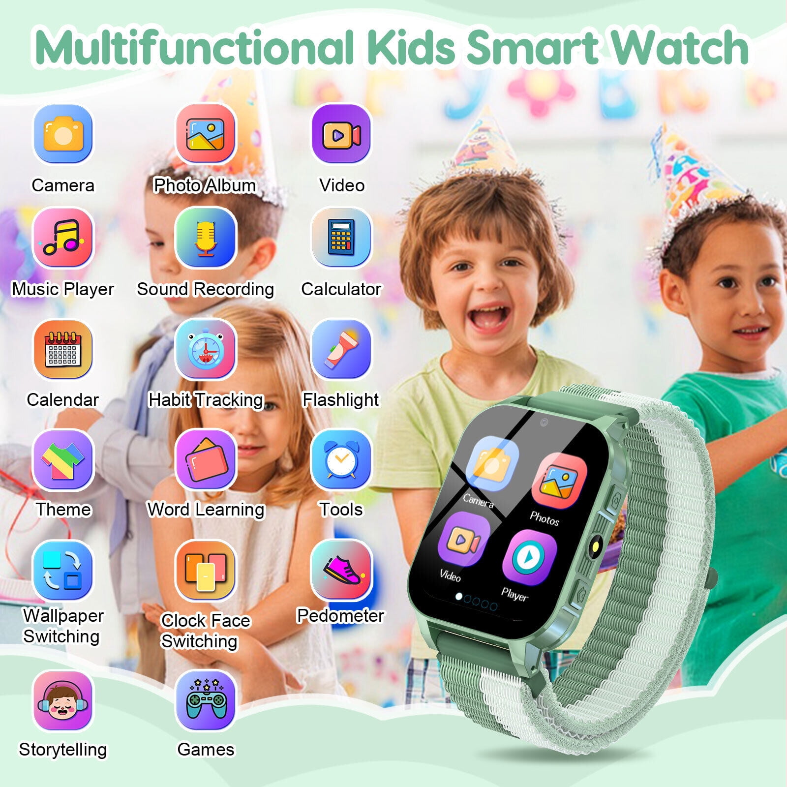 TOPCHANCES Kids Smart Watch for Boys Girls, Touch Screen Smartwatch with 30 Games, 140 Learning Cards, Storytelling, Camera, Video, Music Player, Pedometer (Green)