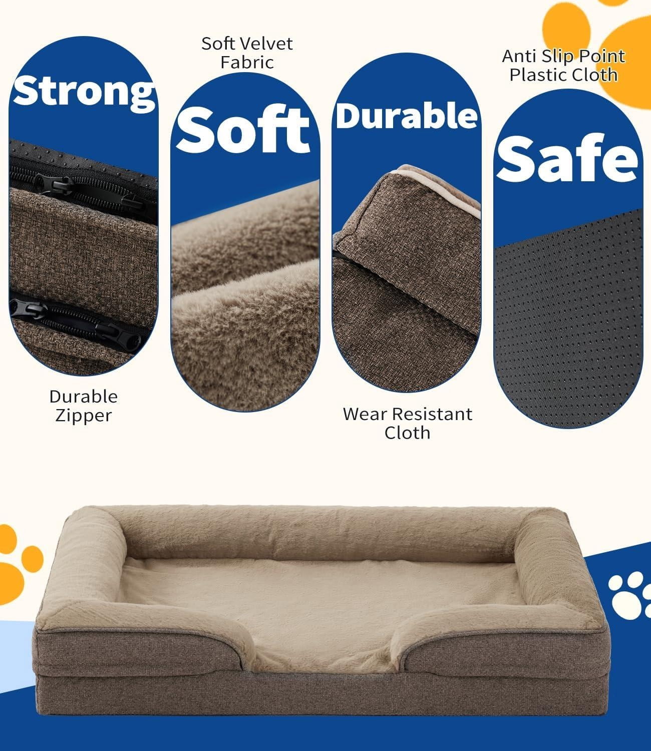 Monthly Sold 5W+ Orthopedic Dog Sofa for Large DogsSupportive Foam Pet Cushions Bed with Washable Removable Cover Egg-Crate Foam Waterproof Lining Bottom Available in 2 colors and multiple sizes