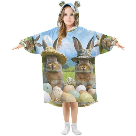 

joogoo Wearable Blanket Hoodie for Kids Cute Esater Bunny and Eggs Flannel Oversized Sweatshirt 3-14 Years S