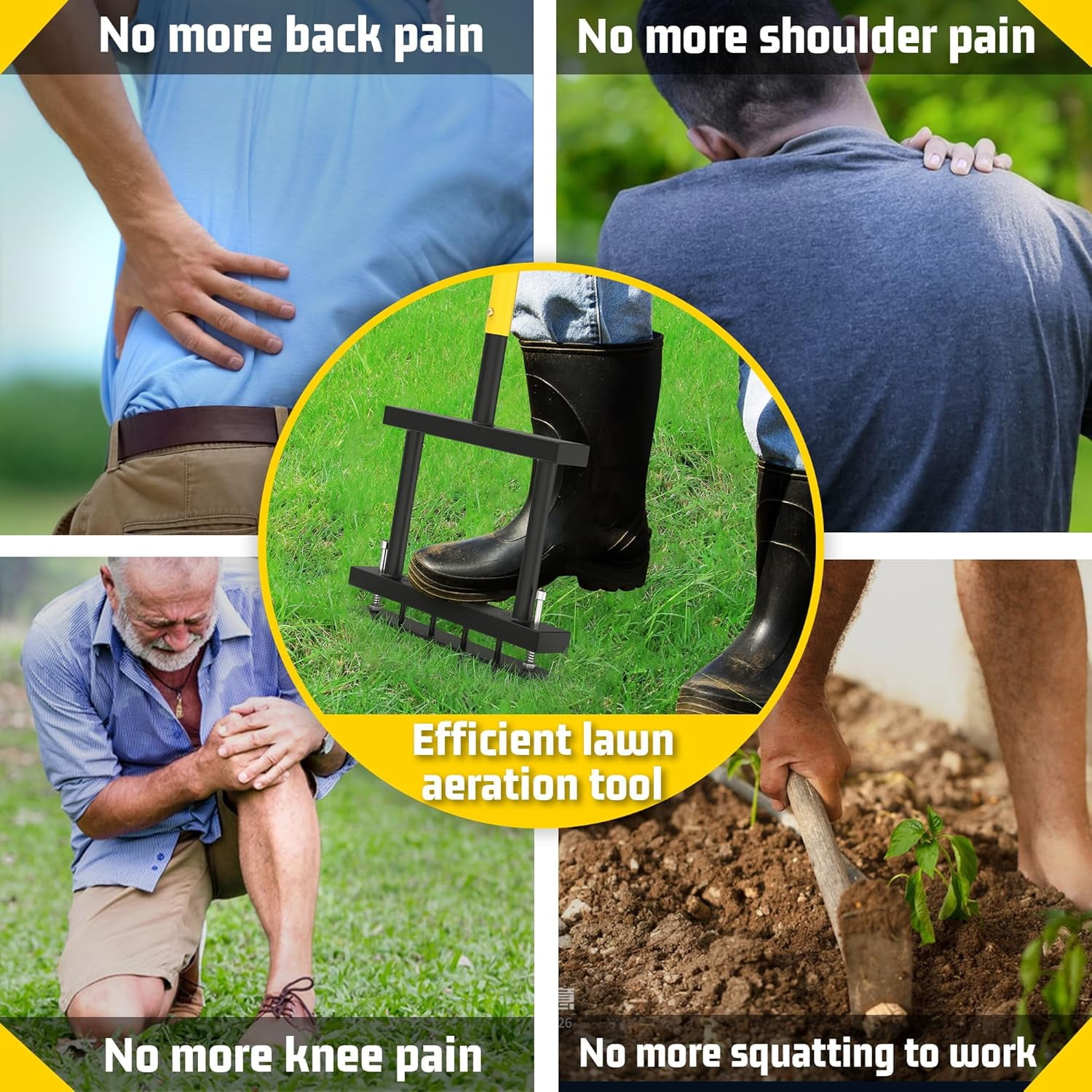 JouZYA 4-Spike Manual Lawn Aerator with Adjustable Height,Spring,38" Yard Garden Tool