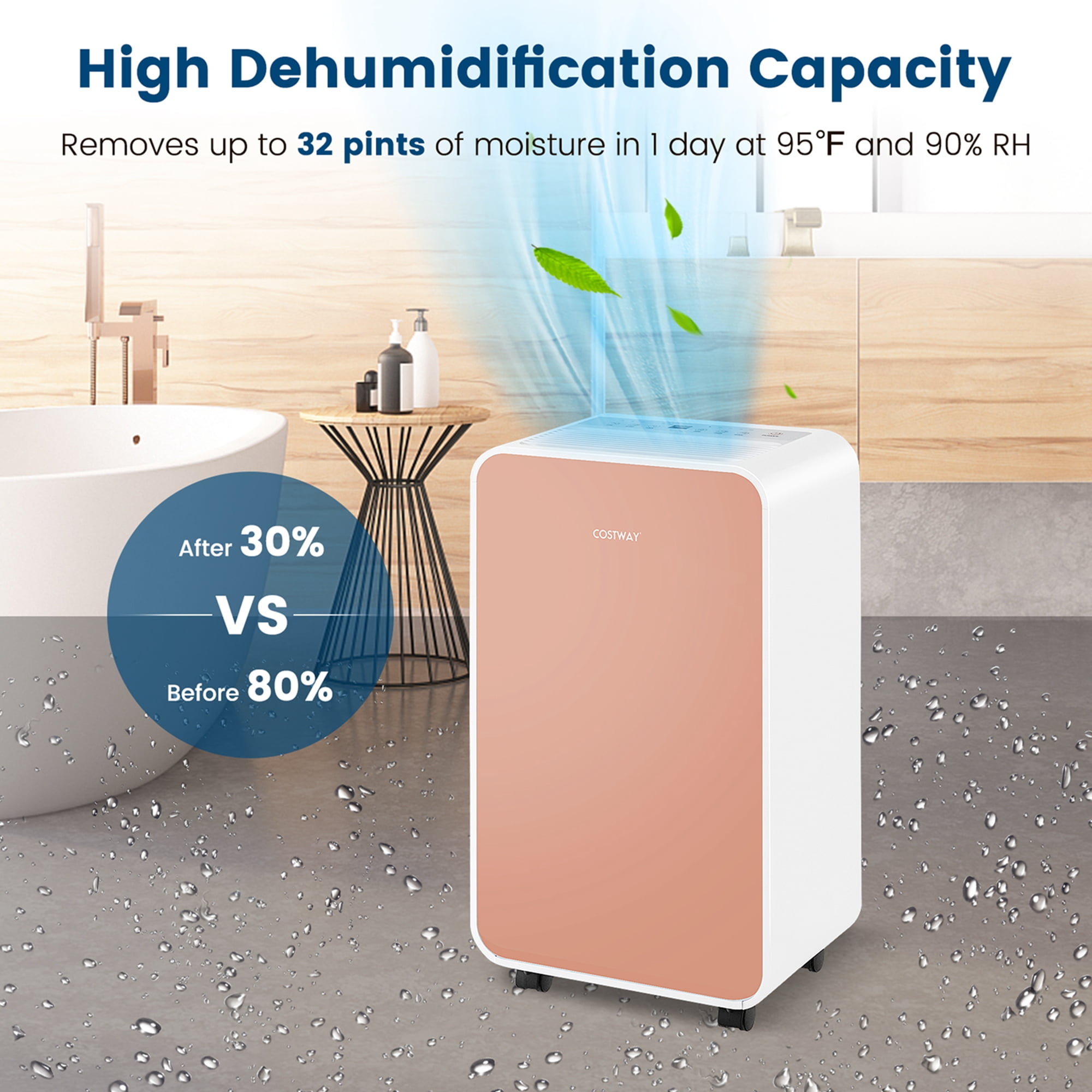 Costway 9-Pint(DOE) Portable Dehumidifier 2,500 Sq. ft Coverage Area Pink (MAX32Pint at 95°F, 90%RH)