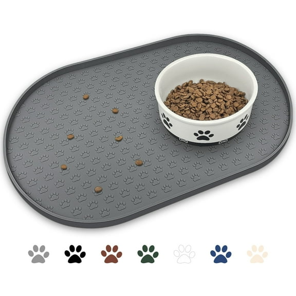 Ptlom Silicone Pet Placemat for Dogs and Cats, Waterproof Pet Feeding Mat Prevent Food and Water Overflow, High-Lips Dog Food Mats, Gray