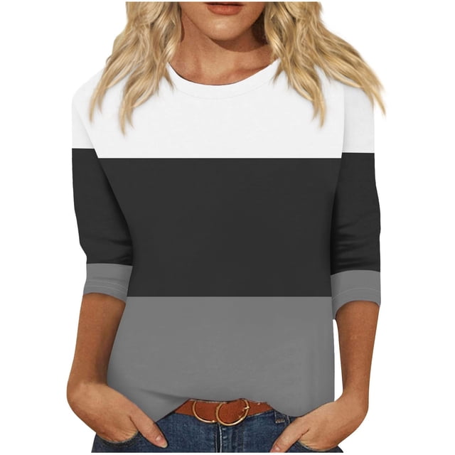 Timegard Hauts pour Femmes Col Rond Manches 3/4 T-Shirts Confortables à Blocs de Couleur Automne Décontracté Ample Blouse