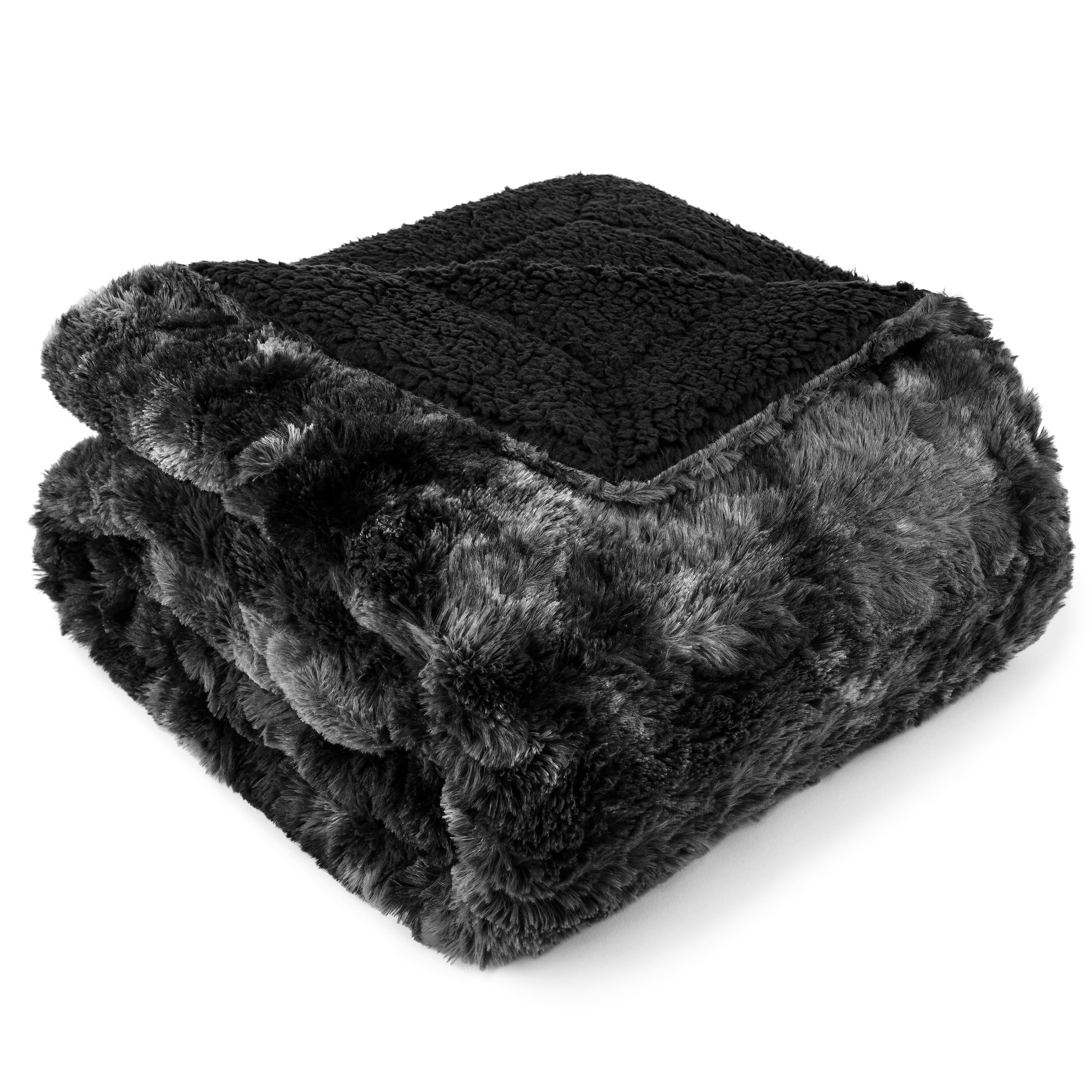 PAVILIA Faux Fur Queen Bed Blanket Tie-Dye Black, Soft Fuzzy Warm Sherpa Blanket for Bed, Fluffy Plush Thick Fleece Blanket for Couch Sofa, Reversible Furry Shaggy Large Blanket, Black 90x90