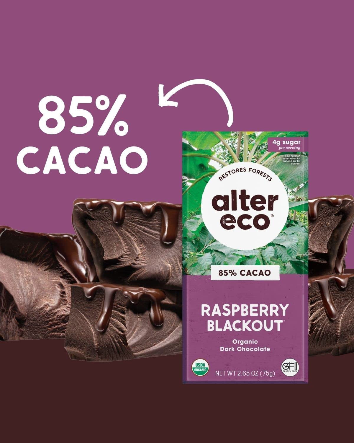 Alter Eco - Organic Dark Chocolate 85% Cacao Raspberry Blackout - 2.65 oz. Pack Of 12