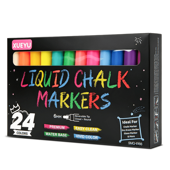 Xueyu Liquid Chalk Marker, Dry Erase Marker Pens, Pack of 24, 6mm Reversible Tips, for Blackboard, Glass, Car Windows, Multicolored