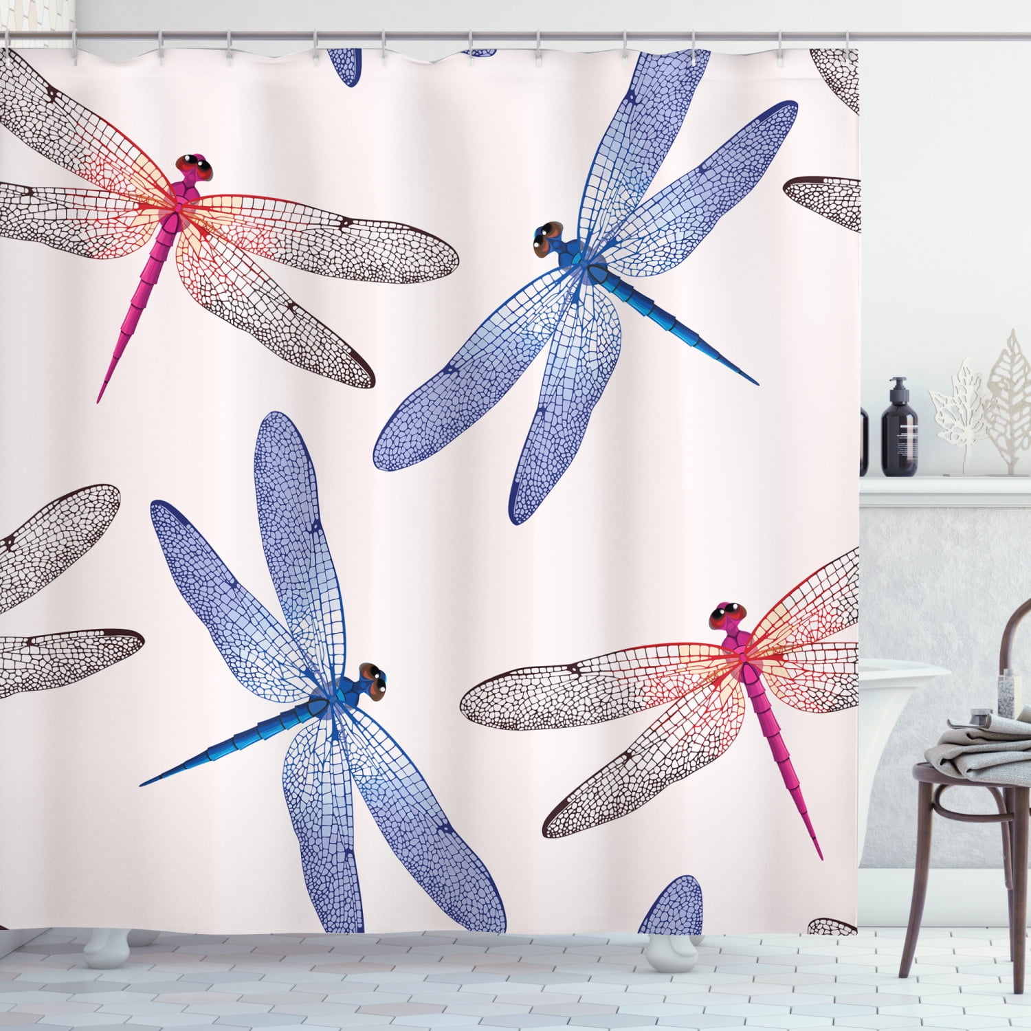 Country Decor Shower Curtain, Dragonfly High Detailed Embellished