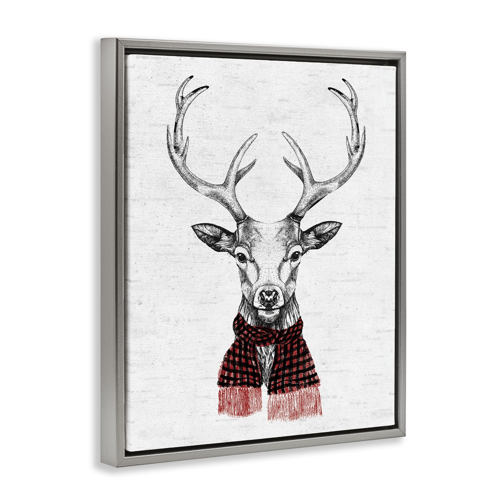 Stupell Industries Holiday Deer with Scarf Animals & Insects Painting Gray Floater Framed Canvas Art Print Wall Art, 17 x 21
