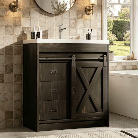 DreamCurship Bathroom Vanity with Sink Combo, White Bathroom Storage Cabinet with Drawers, Farmhouse Bathroom Vanity Cabinet with Sliding Barn Doors, Oak