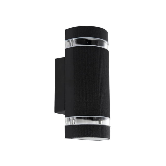 luminario led arbotante de pared color negro 13w boomer arbotante exterior en vista 3/4, cuerpo cilíndrico de aluminio negro con dos bandas de vidrio translúcido que emiten luz hacia arriba y abajo, base rectangular para montaje en pared, modelo BLWA-0104-01300, requiere 2 lámparas GU10 (no incluidas).