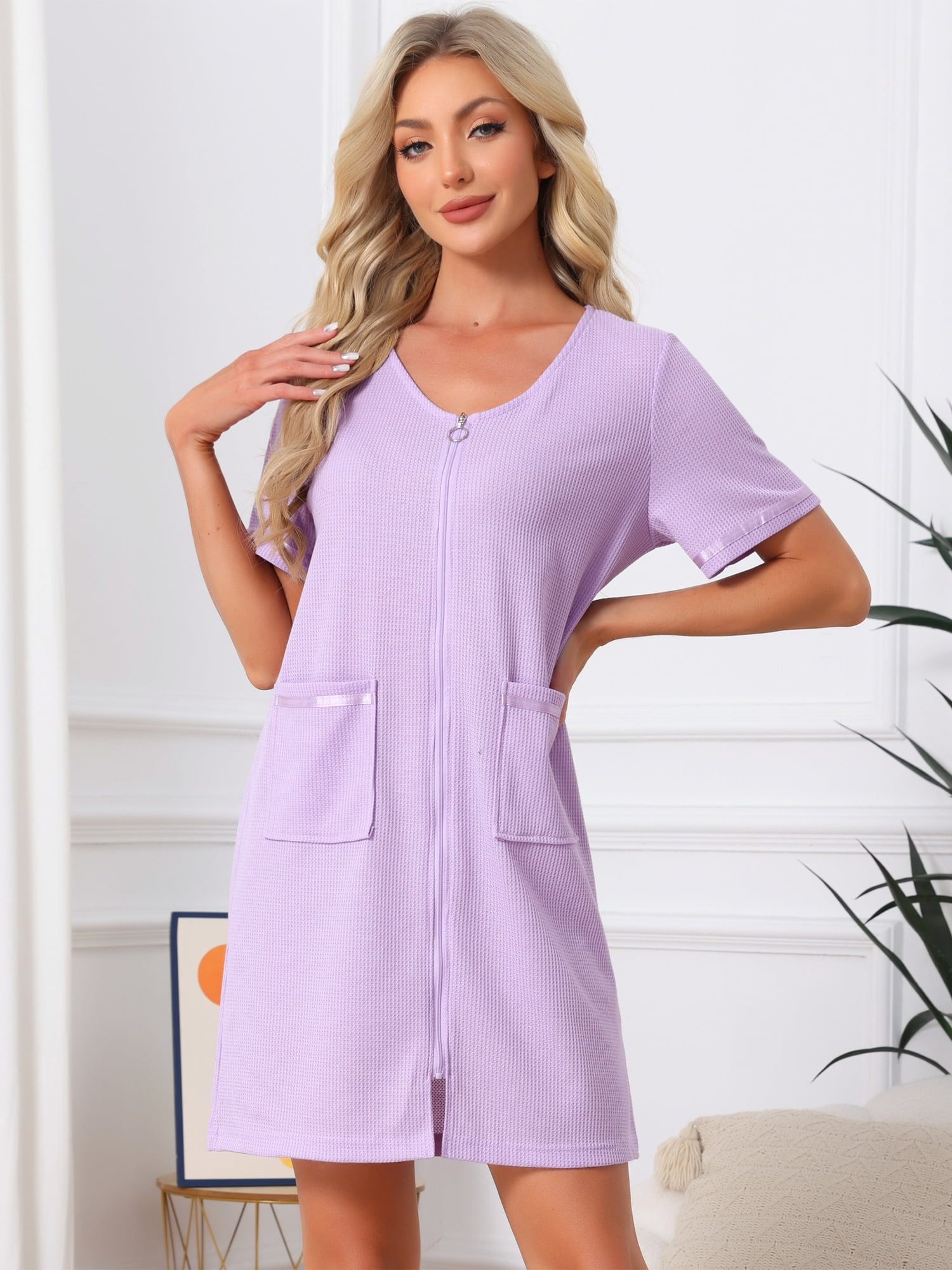 DARING DIVA Women's Lightweight Short Zipper Waffle Bathrobe with Pockets M Purple