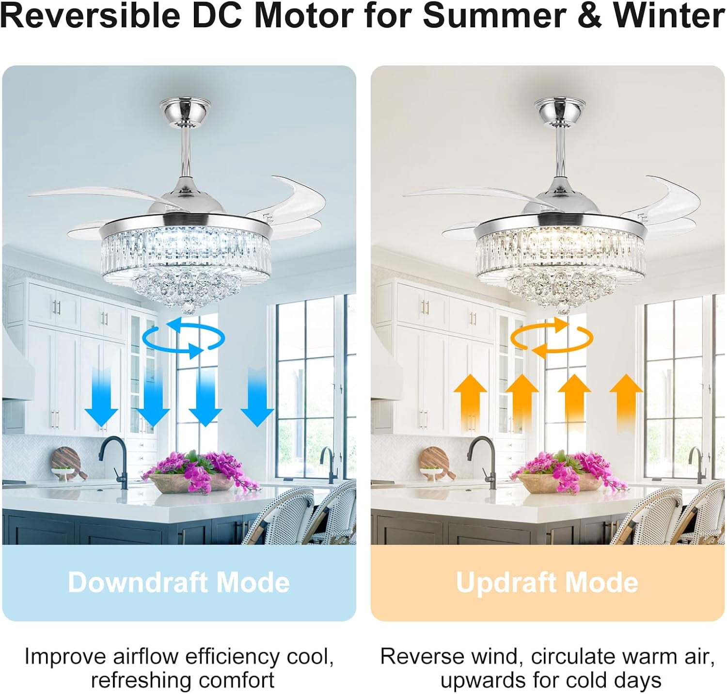Sedeke 42'' Ceiling Fans with Light, Silver Retractable Crystal Chandelier Fan, Reversible, Remote Control, Dimmable Ceiling Light Kits for Dining Living Room Silver