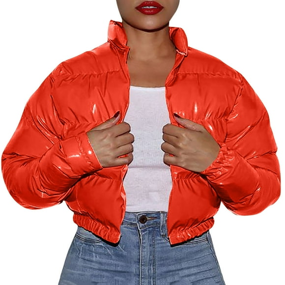 Baberdicy Lady Cotton Clothes Women Autumn and Winter Cotton Coat Shiny Metal Short Cotton Coat Essentials Women's Heavyweight Puffer Jacket Watermelon Red
