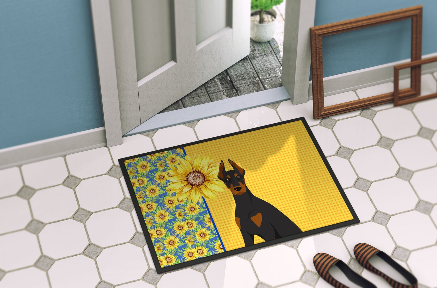 Carolines Treasures WDK5409JMAT 24 x 36 in. Summer Sunflowers Black & Tan Doberman Pinscher Indoor or Outdoor Mat