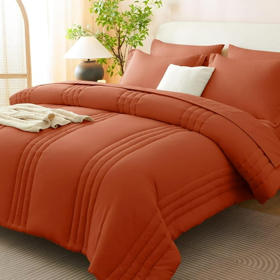 King Size Comforter Set - 7 Pieces Bed in a Bag Terracotta Comforters King Size Bed Set, Soft Burnt Orange Bedding Set with All Seasons Comforter, Sheets, Pillowcases & Shams